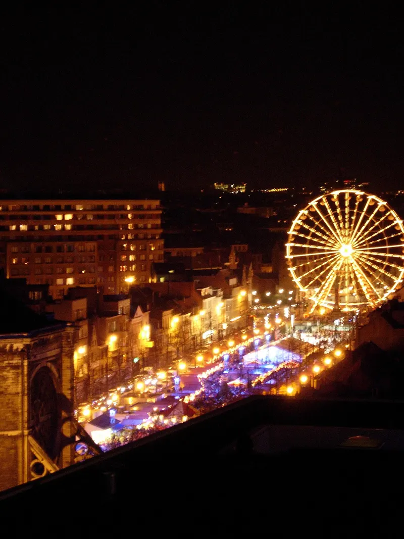 Het verlichte reuzenrad en de kerstmarkt van Brussel gezien van boven