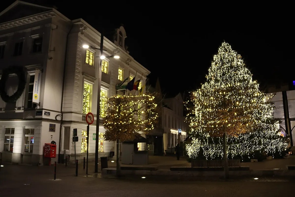 Verlichte kerstboom naast het stadhuis van Zottegem bij valavond