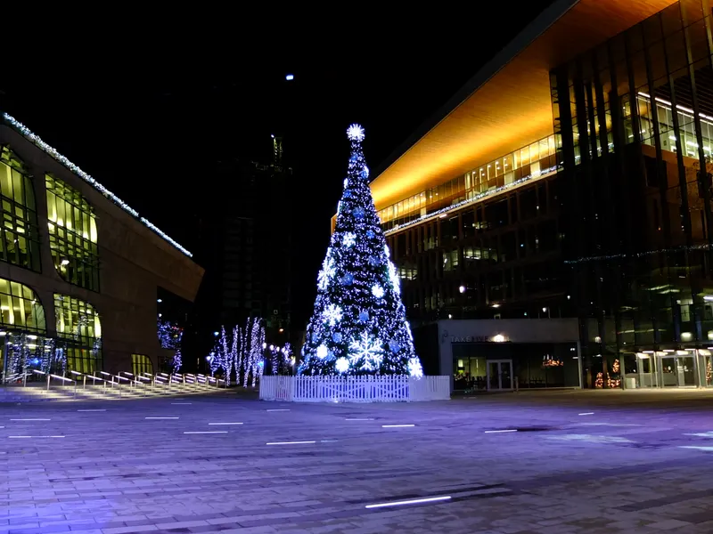 Surrey City Hall plaza with the illuminated Christmas tree
