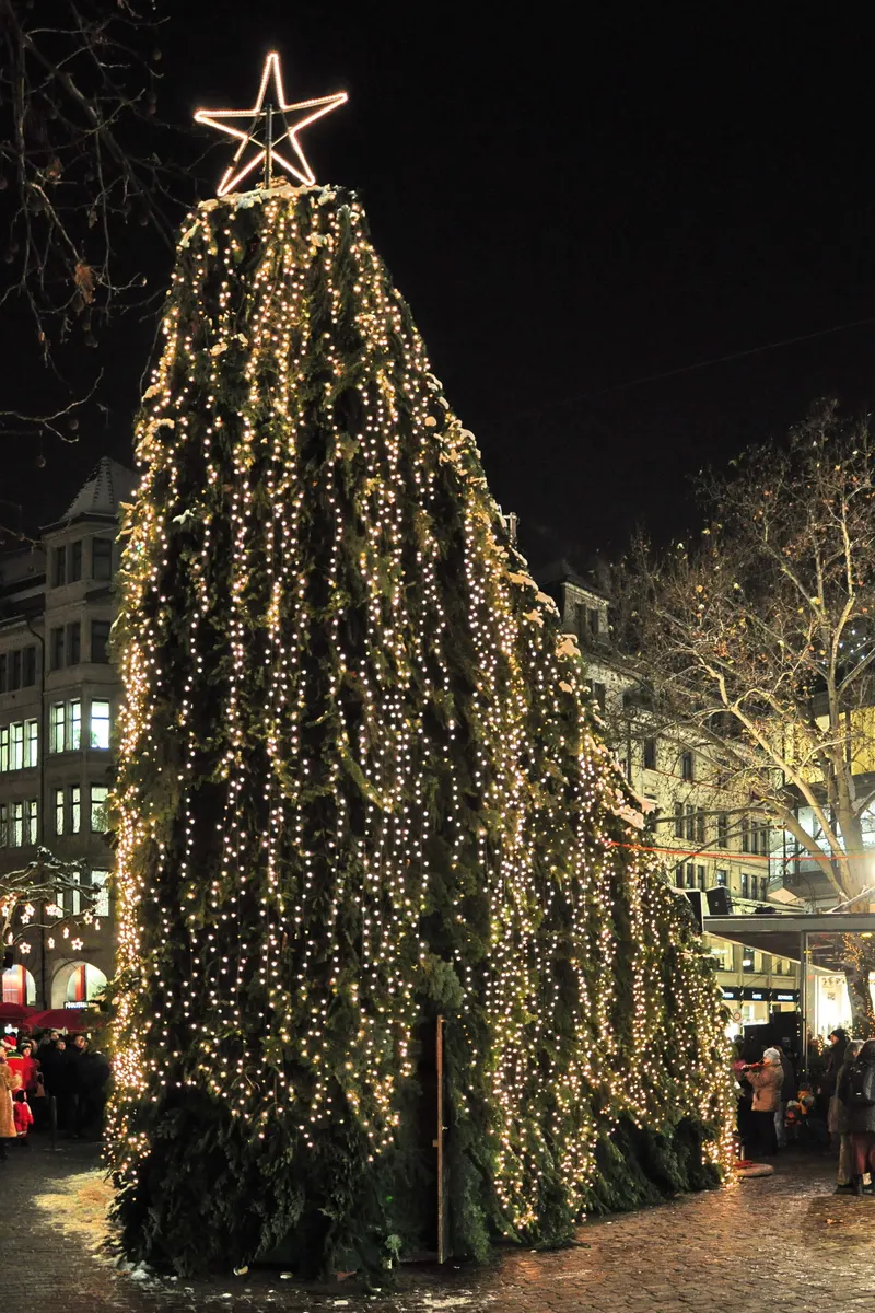 Singing Christmas Tree vor der Urania-Sternwarte in Zürich am Abend