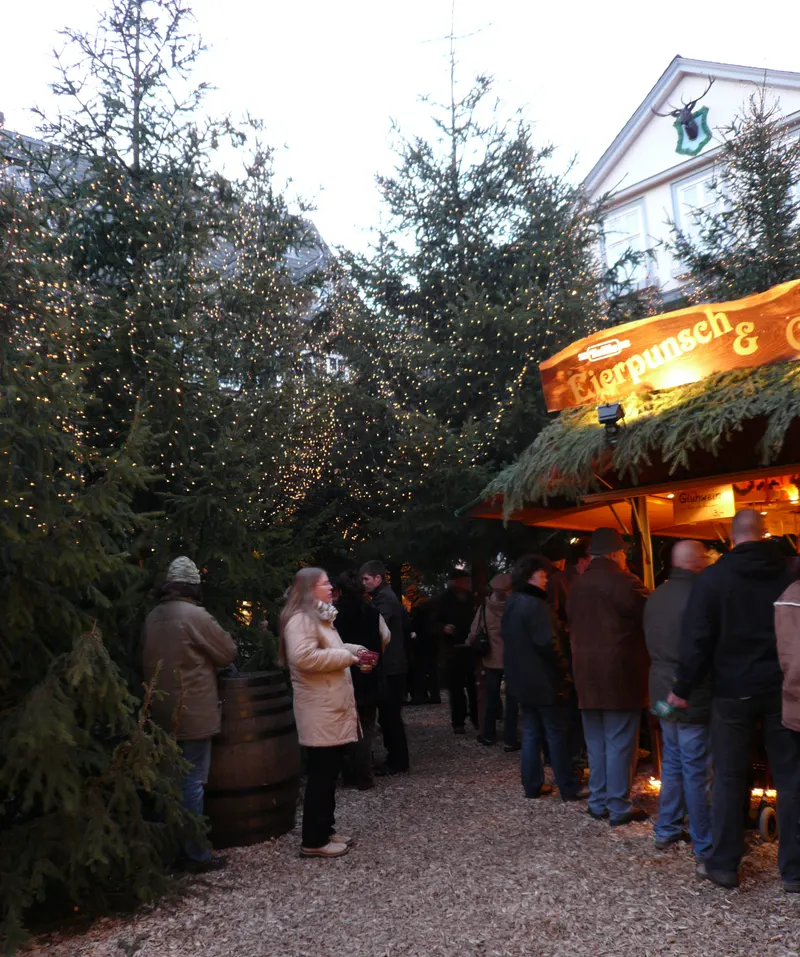 Beleuchtete Tannen und Imbissstand im Goslarer Weihnachtswald