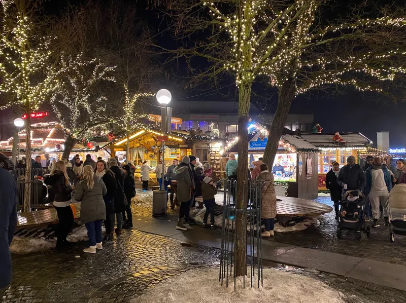Besucher auf dem Christkindlmarkt am Theaterplatz in Ingolstadt