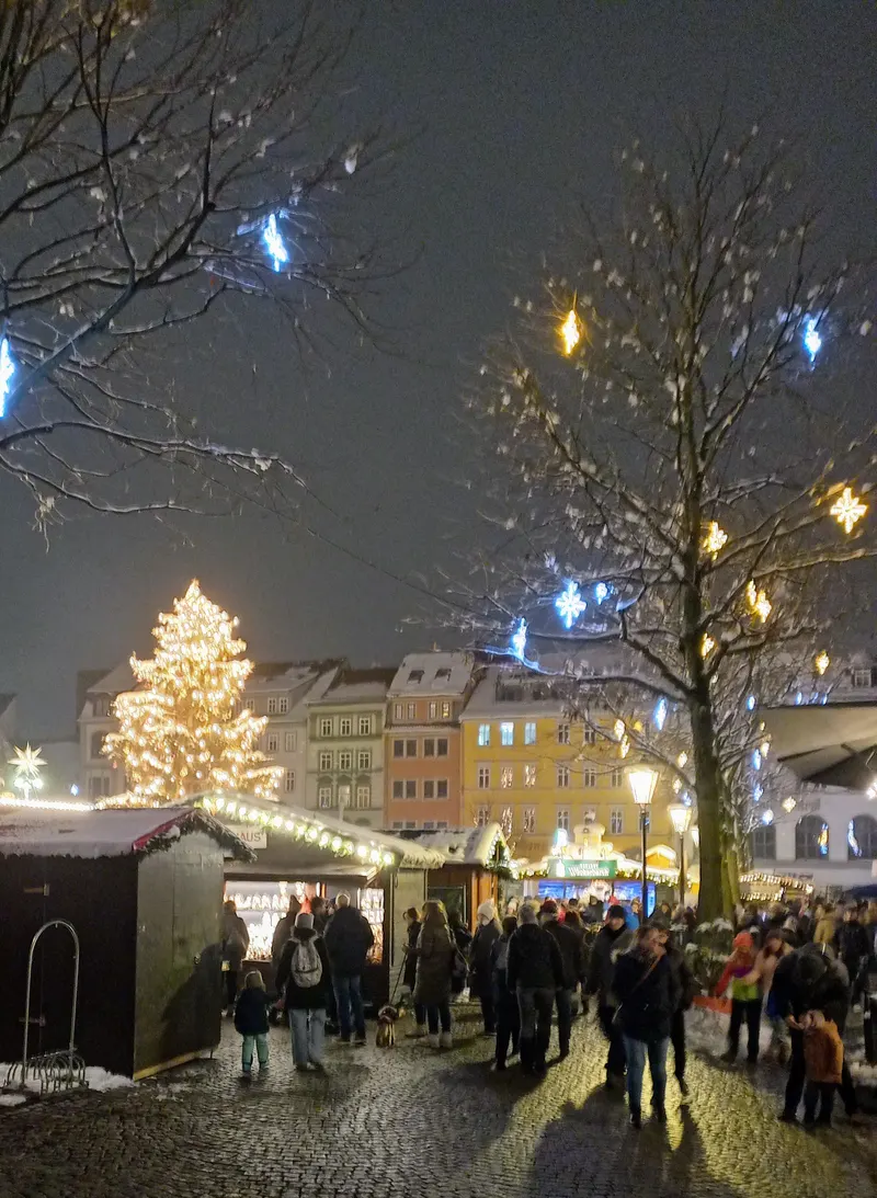 Jenaer Weihnachtsmarkt mit leuchtendem Weihnachtsbaum im Schneefall