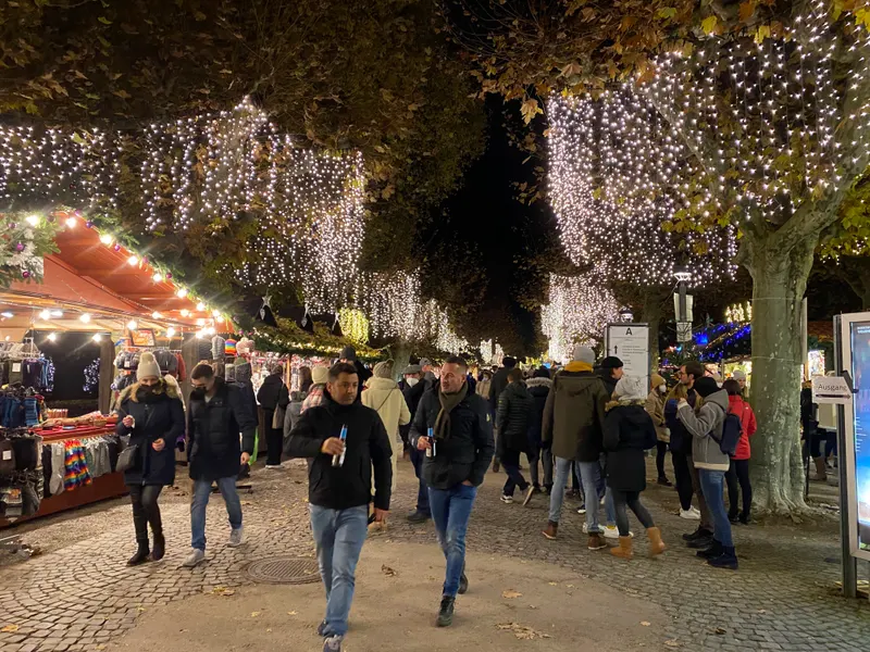 Besucher unter Lichterketten im Konstanzer Stadtgarten