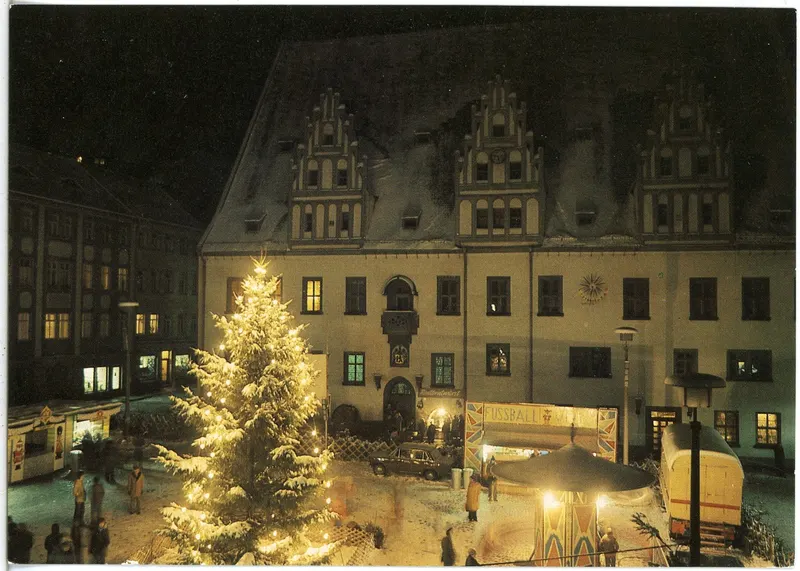 Meißner Rathaus mit erleuchtetem Weihnachtsbaum im Schnee