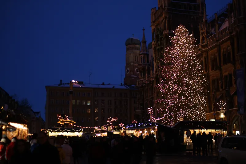 Weihnachtsbaum am Neuen Rathaus München in der Dämmerung