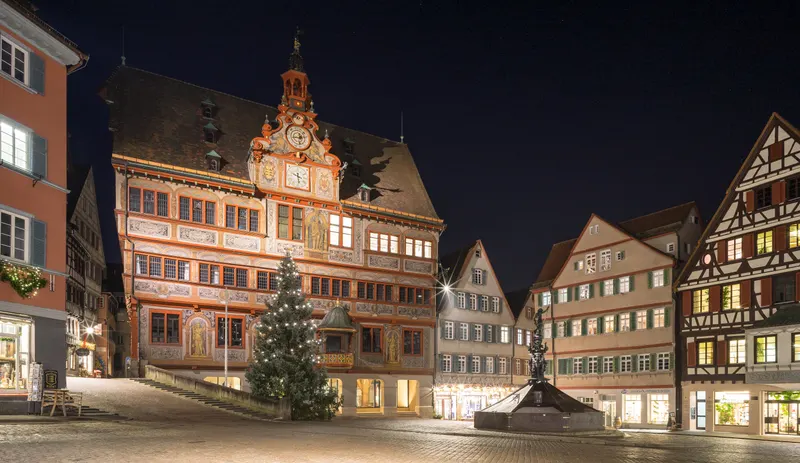 Tübinger Rathaus bei Nacht mit Weihnachtsbaum