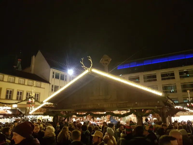 Beleuchtetes Hüttendach mit Geweih auf dem Würzburger Weihnachtsmarkt