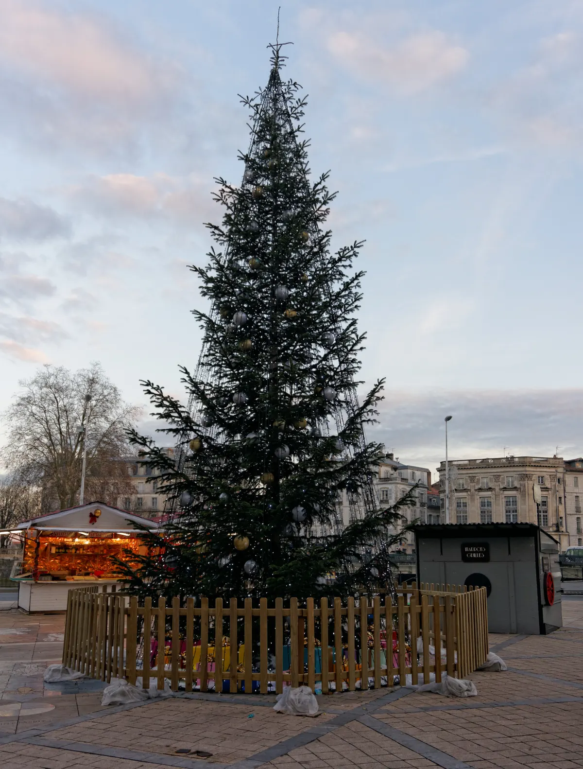 Sapin de Noël et chalet du marché devant la mairie de Bayonne