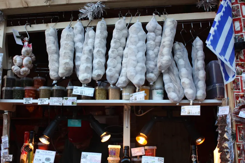 Food stall with sausages and spices at Belfast Continental Christmas Market