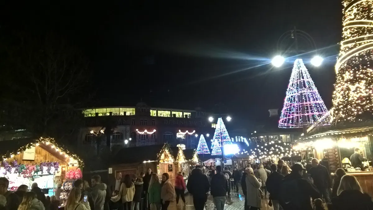 Lit-up Christmas trees and chalets at Bournemouth Christmas Market