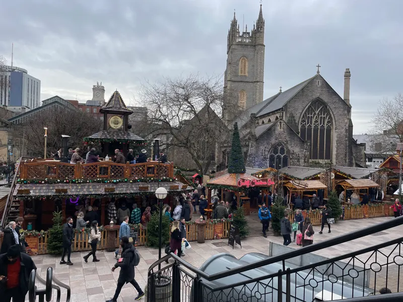 Cardiff Christmas Market chalets beside St John's Church