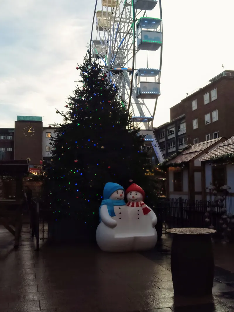 Christmas tree and snowman figures in Coventry city centre