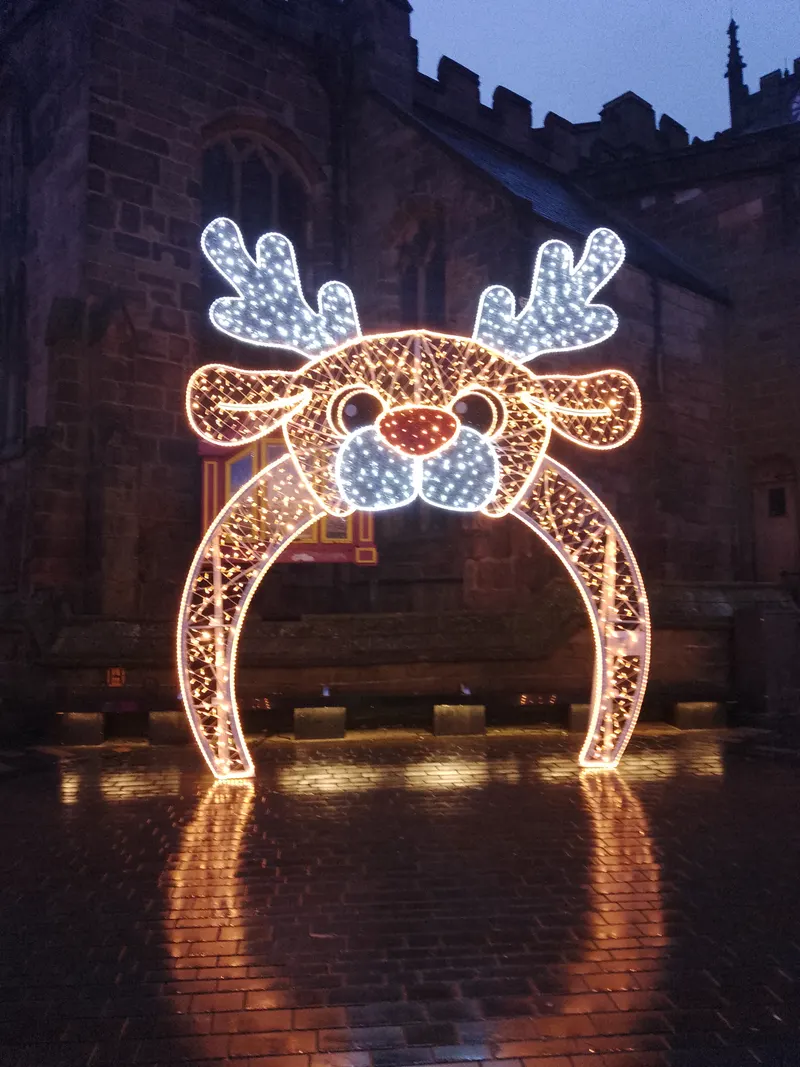 Reindeer light arch in Derby at Christmas