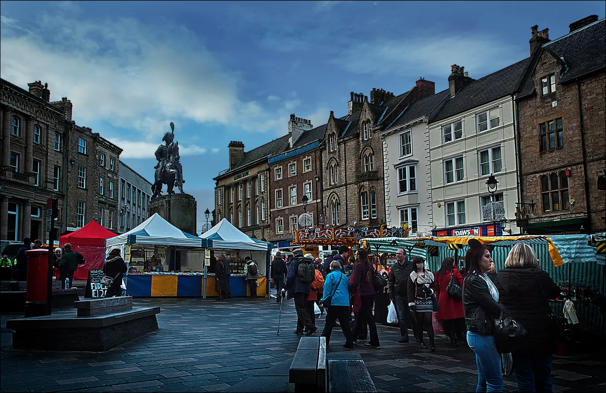 Market stalls in Durham Market Place at Christmas