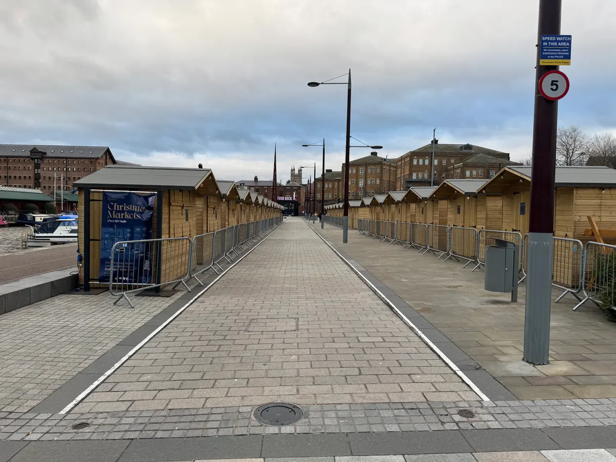 Christmas market chalets lined up in Gloucester