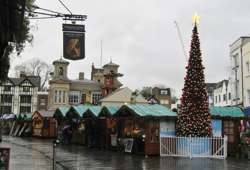 Christmas tree and market stalls in Kingston Market Place
