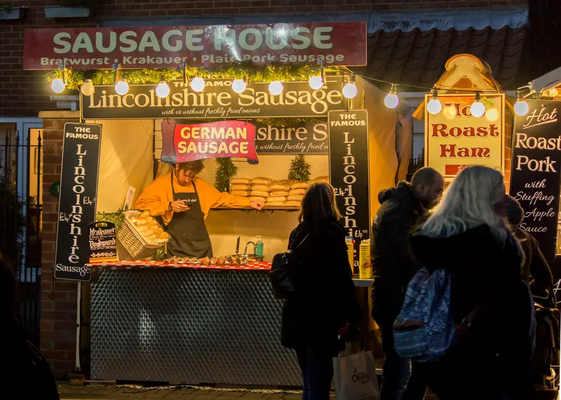 German sausage stall at Lincoln Christmas Market