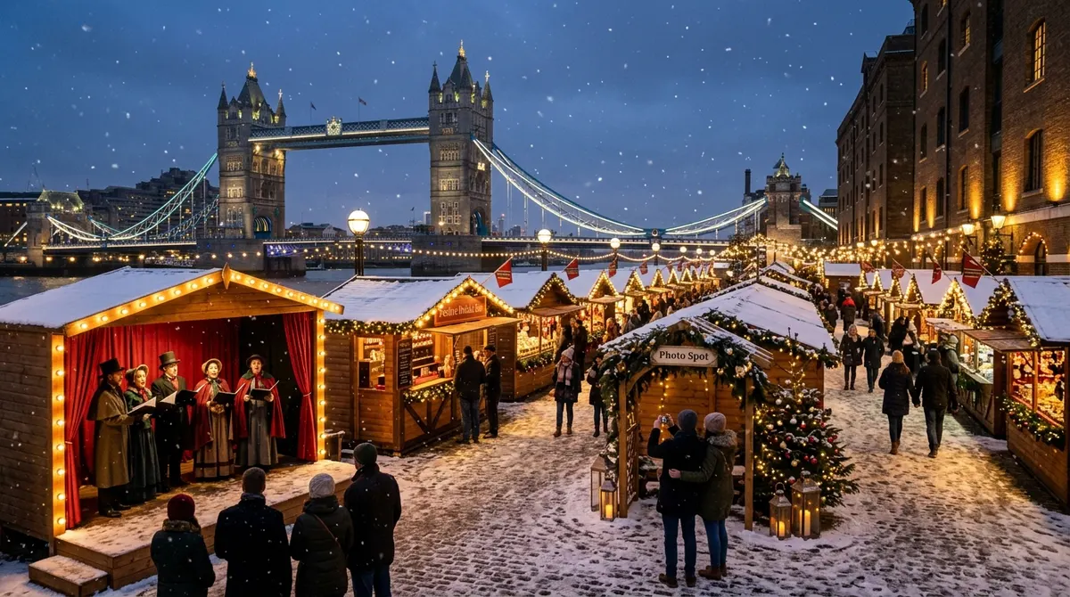 Victorian Christmas village tower bridge st Katharine dock, London