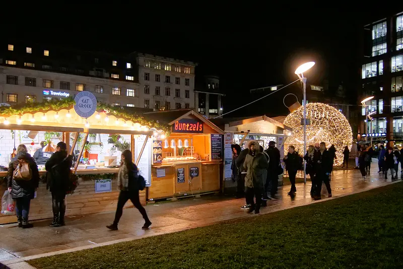 Christmas market stalls in Piccadilly Gardens, Manchester