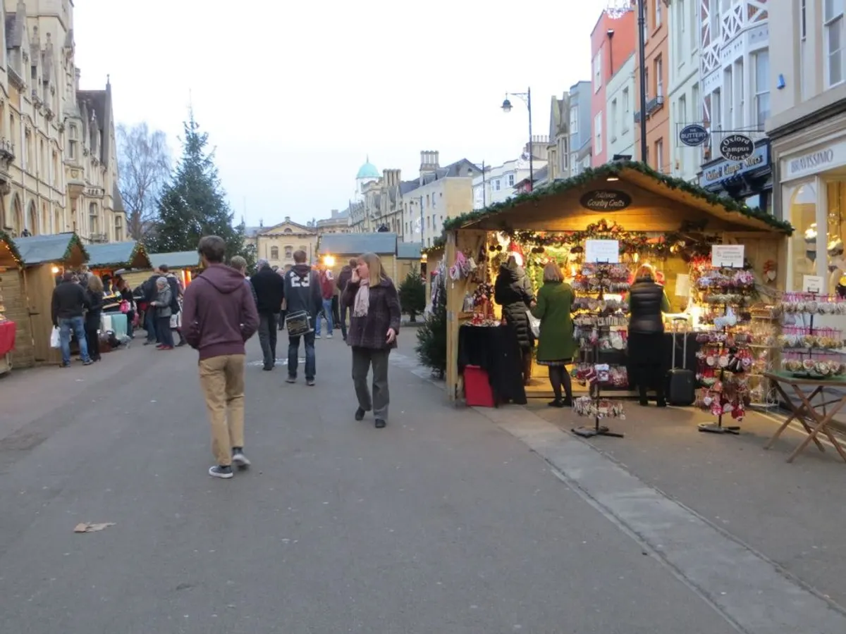 Wooden Christmas market stall on an Oxford street