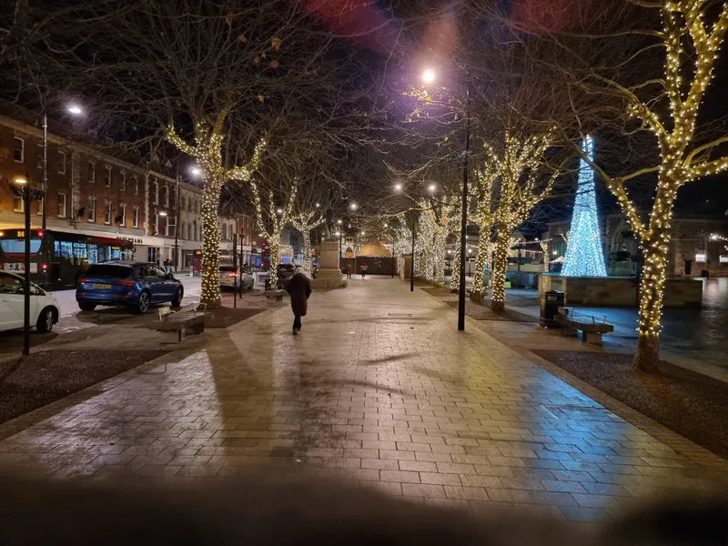 Trees wrapped in lights along a Salisbury street at Christmas