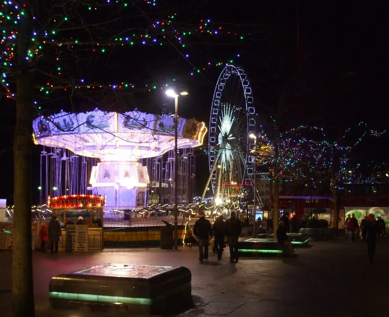 Christmas scene and market stalls at Barkers Pool in Sheffield