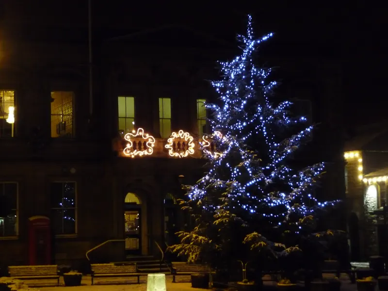 Skipton Town Hall and lit Christmas tree