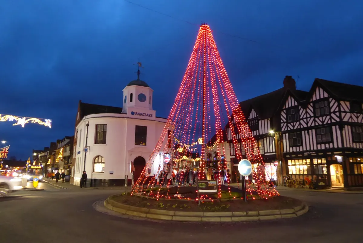 Christmas light cone at the roundabout in Stratford-upon-Avon town centre