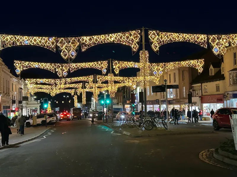 Christmas lights over a Stratford-upon-Avon street