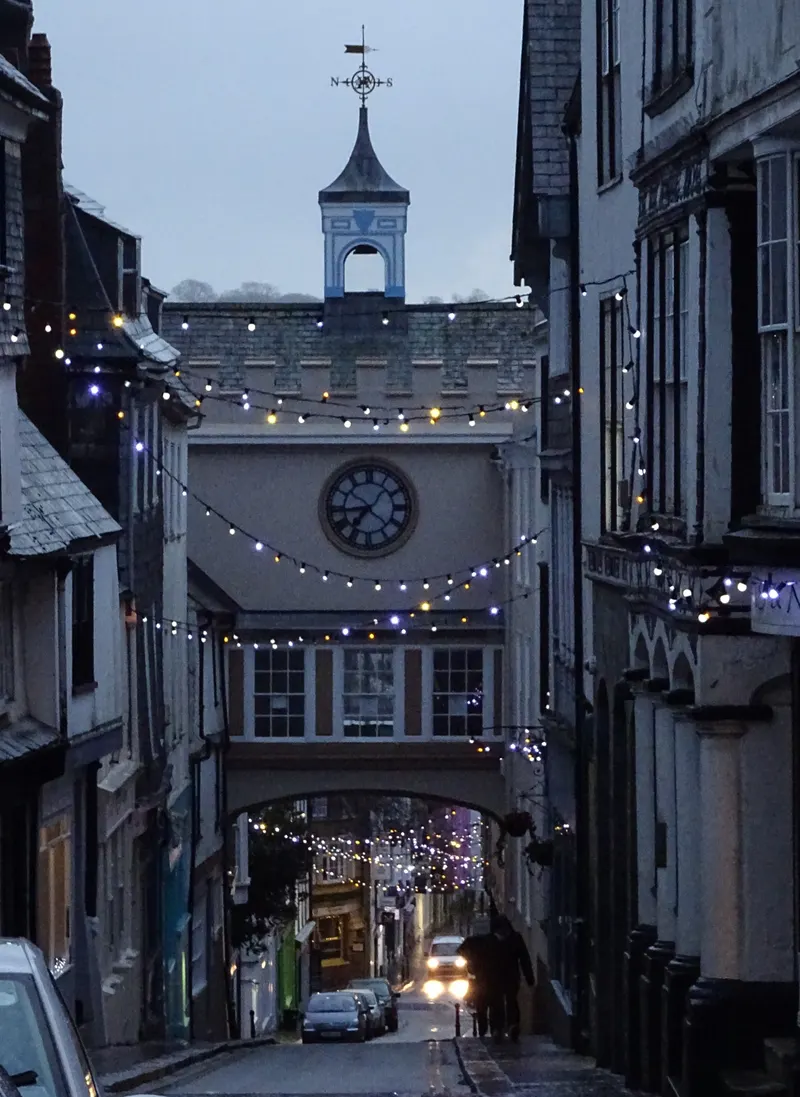 String lights above the Eastgate in Totnes