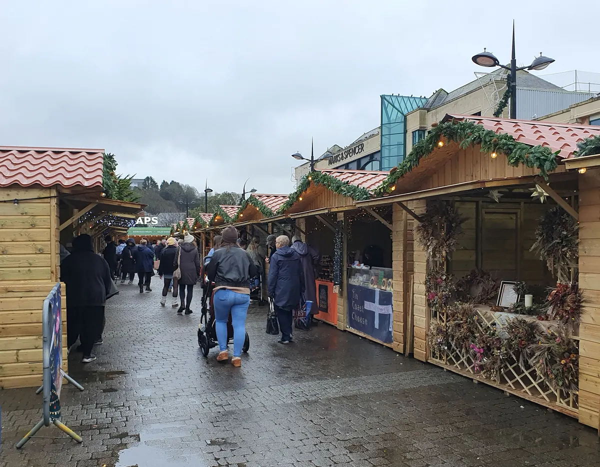 Wooden chalets at Truro Christmas Market on Lemon Quay