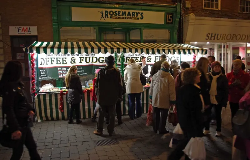 Crowds at the fudge and coffee stall at Worcester Victorian Christmas Fayre