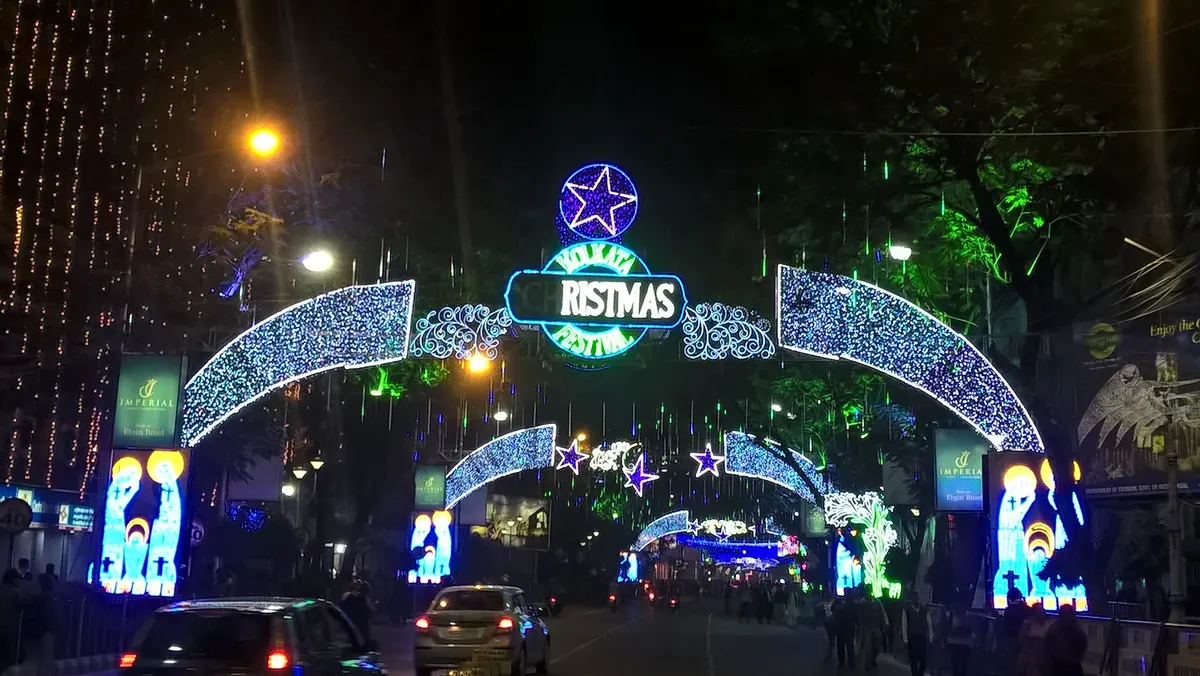 Kolkata Christmas Festival illuminated arch at night on Park Street, Kolkata
