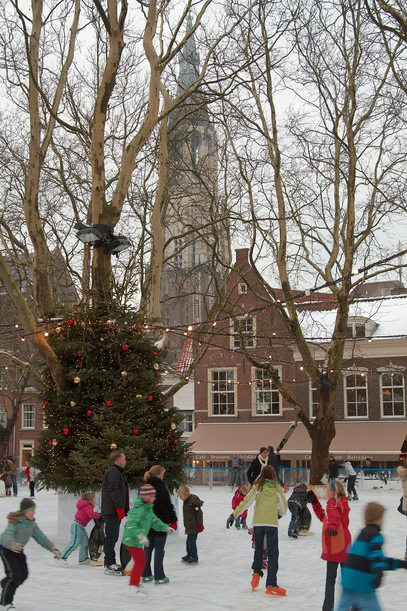 Kerstboom met lichtjes op de Markt in Delft