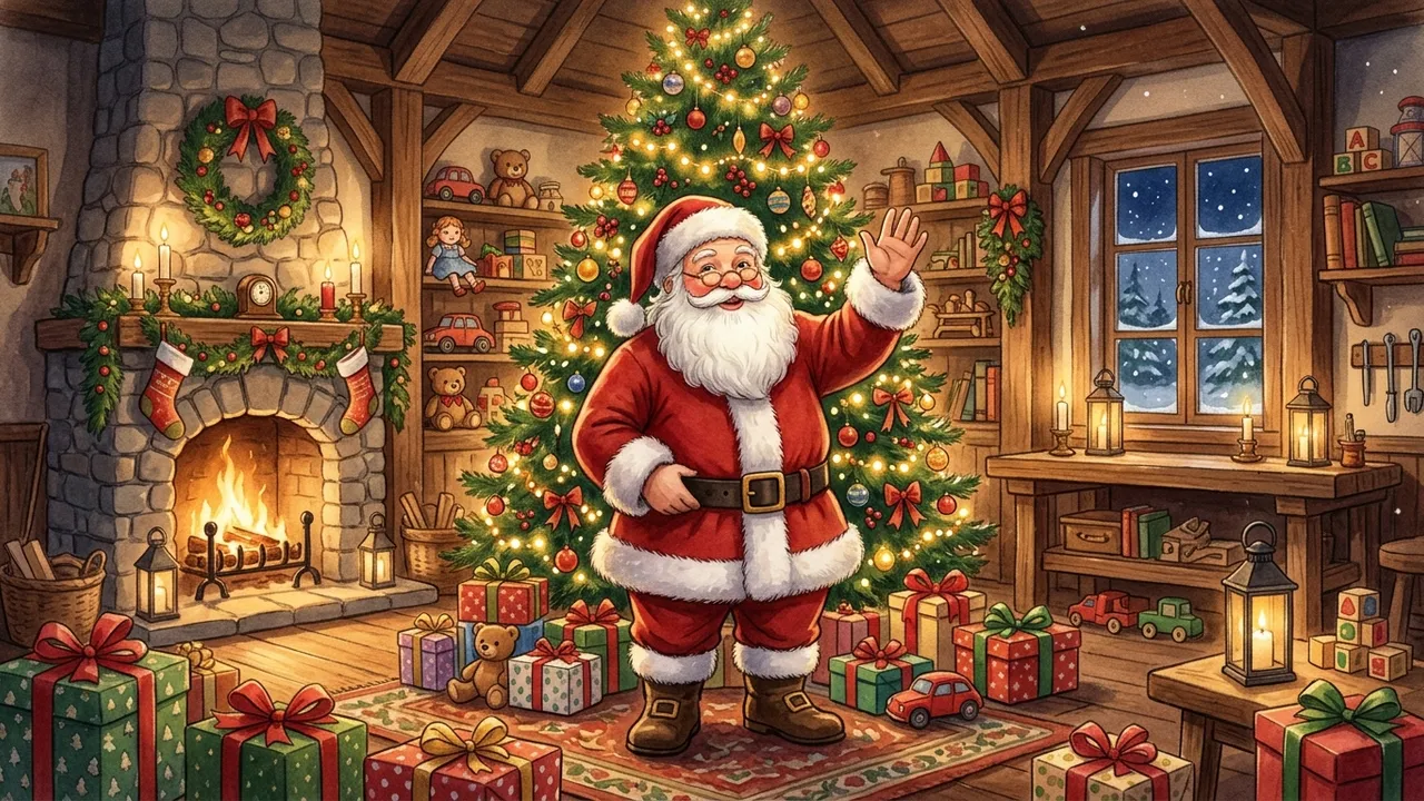 Santa waving in his workshop